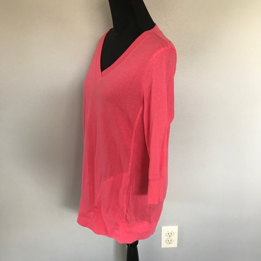 Exertek Pink peach 3/4 sleeve mesh V-neck top petite XL - Picture 3 of 6